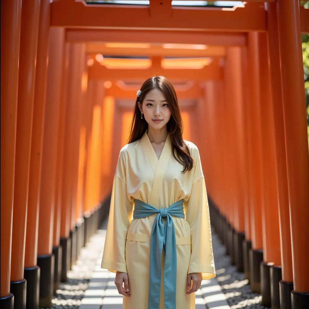 [stands in a tunnel with a bright red torii gate、young woman in a vanilla yellow kimono, peaceful meditation, Gentle sunlight], [pictures, Photorealistic], [Shallow depth of field,  natural light illuminating the scene ,  warm color palette、Dark Hair Red a...