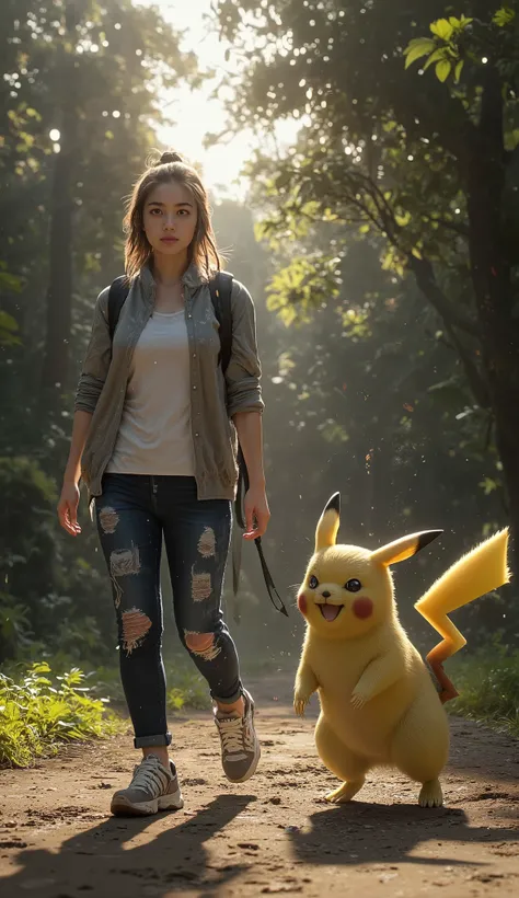 A live-action of a 20-year-old woman walking alongside her Pikachu along a dirt path surrounded by dense forest.The young man had realistic features, smooth skin with slight natural imperfections, slightly tousled hair blown by the wind, and eyes full of d...