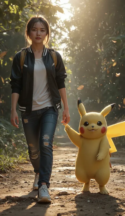 A live-action of a 20-year-old woman walking alongside her Pikachu along a dirt path surrounded by dense forest.The young man had realistic features, smooth skin with slight natural imperfections, slightly tousled hair blown by the wind, and eyes full of d...