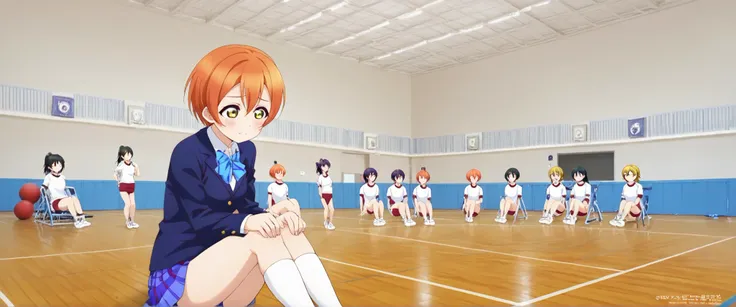 1girl,unwellness hoshizora rin, striped, short hair, blush, otonokizaka school uniform, lovelive_rin black blazer, blue plaid skirt, blue stripe bowtie, orange hair, very short hair, hair between eyes, yellow green eyes,sitting on the floor grasping one's ...