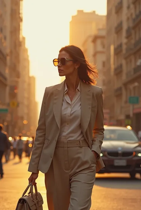 "A confident woman walking in the city wearing a neutral-toned minimalist outfit, oversized sunglasses, and a structured handbag — golden hour lighting"
