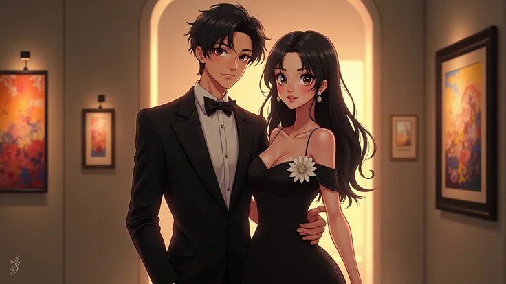 A highly detailed digital illustration of a glamorous couple standing together. The man has sharp features, styled black hair, and wears a classic black tuxedo with a white shirt. The woman has delicate, porcelain-like skin, long flowing black hair, and we...