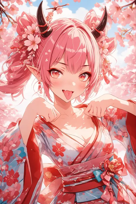 (masterpiece:1.2),High quality wavy lines、So Breathtakingly Beautiful、beautiful details、best image quality、((3D artwork))、 cherry blossoms dance、Demon Girl、 beautiful yukata、Japanese things、Cute and attractive、Japanese style illustration、Demon Horn、Demon ...