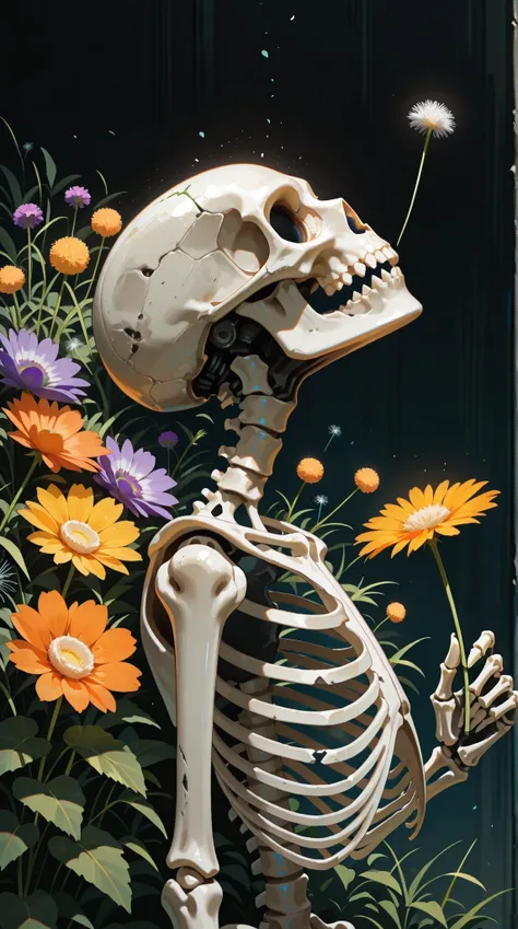 masterpiece,best quality,amazing quality,solo, holding, flower, from side, no humans, 1other, skull, yellow flower, purple flower, holding flower, skeleton, orange flower, dandelion, undead,looking up,