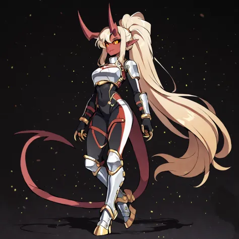 (solo:5.5), anime style, anime shading, clean lines, masterpiece, best quality, full body picture, centered, 1girl, (tall), anthro demon, long blonde hair, ponytail hairstyle, female demon, long horns, demon, demon horns, hand claws,, red sclera, yellow ey...
