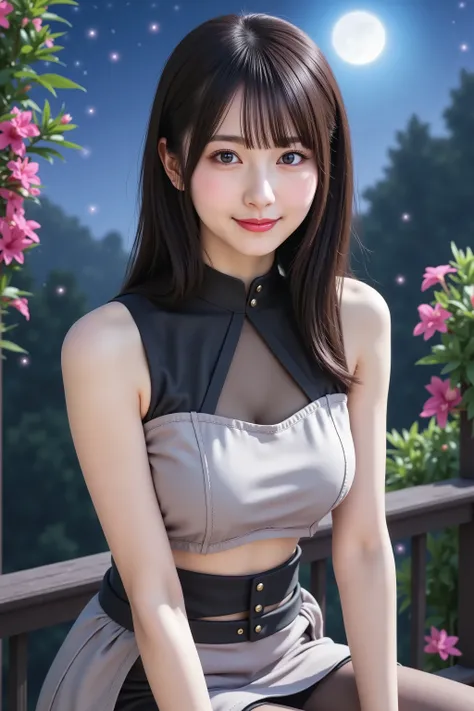 by adjusting the framing so the subject's full head is visible within the composition, a highly detailed and realistic digital illustration of a female character in a stylized military-inspired fantasy outfit, Large breast, taut , cleavage, smile, A highly...