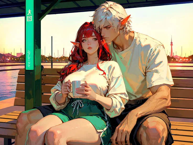 couple, score_9, score_8_up, score_7_up, source_anime, TakashiroHiroko ,(!!sharp long elfs ears!!, !! red hair!!, !!long hair!!, separete bang), long elf ears,  Extremely detailed, ambient soft lighting, 4k, perfect green eyes, a perfect face, perfect ligh...