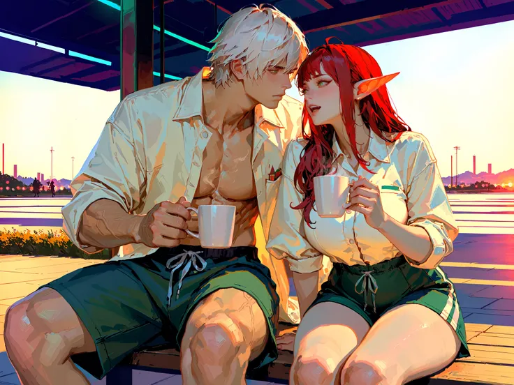 couple, score_9, score_8_up, score_7_up, source_anime, TakashiroHiroko ,(!!sharp long elfs ears!!, !! red hair!!, !!long hair!!, separete bang), long elf ears,  Extremely detailed, ambient soft lighting, 4k, perfect green eyes, a perfect face, perfect ligh...