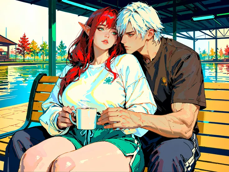 couple, score_9, score_8_up, score_7_up, source_anime, TakashiroHiroko ,(!!sharp long elfs ears!!, !! red hair!!, !!long hair!!, separete bang), long elf ears,  Extremely detailed, ambient soft lighting, 4k, perfect green eyes, a perfect face, perfect ligh...