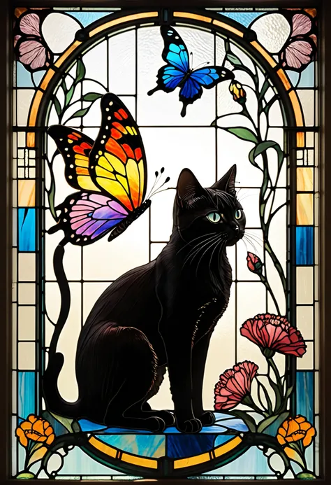 Closeup of a butterfly and a black cat、抽象化したstained glassの黒猫の横向き、a black cat is holding up its front legs and a colorful butterfly is perched、stained glassアート、stained glassスタイル、輝くstained glassの背景、Carnations-themed、カラフルなstained glass、ゴシックstained glassスタイル、バ...