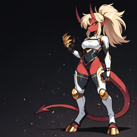 (solo:5.5), anime style, anime shading, clean lines, masterpiece, best quality, full body picture, centered, 1girl, (tall), anthro demon, long blonde hair, ponytail hairstyle, female demon, long horns, demon, demon horns, hand claws,, red sclera, yellow ey...