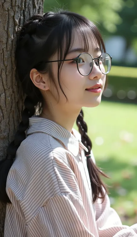 (8k), (best quality), (masterpiece:1.2), (realistic), (photorealistic:1.5), very detailed, cute japanese girl, (young girl), no makeup, wind, ((braids)), beautiful hair, Glasses with thin rims, Slim arms,delicate body, black hair, is sitting, wind, has ...