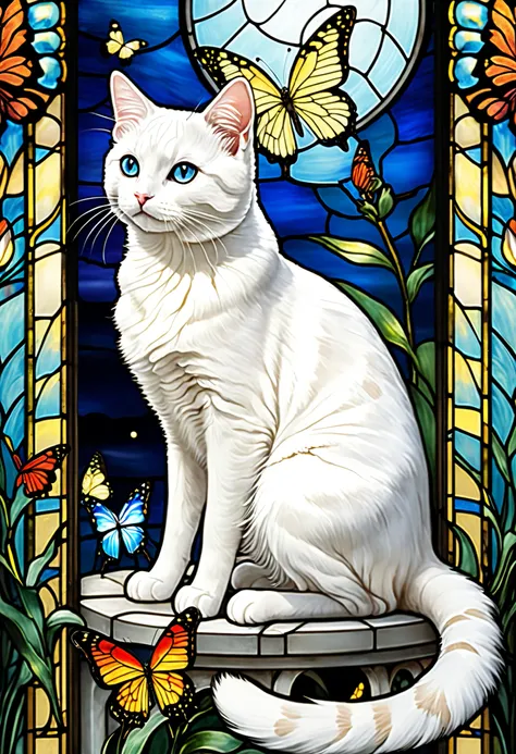 close-up of butterflies and white cats、抽象化したstained glassの白猫が横向き、white cats raise their front legs and a colorful butterfly is perched、The background is moonlight at night、stained glassアート、stained glassスタイル、輝くstained glassの背景、Carnations-themed、カラフルなstained...