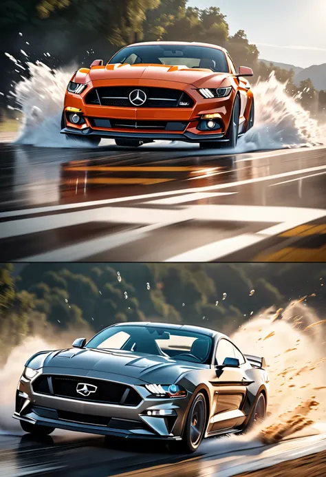  A fierce deadheat for 2 cars, mercedesse a 200, ford mustang v8 The scattered splashes of water and the trajectory of the two cars at full speed tell the story of speed in a work that emphasizes the sense of speed with all its might, UHD, retina, masterpi...