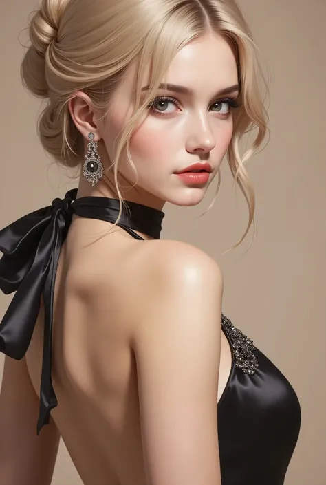 looking back, cool beauty, vivid and seductive expression, blonde shining glossy silky updo, superlative great body proportion, wearing elegant and gorgeous black satin halter dress with glitter, accessories, palace ball, professional and perfect compositi...