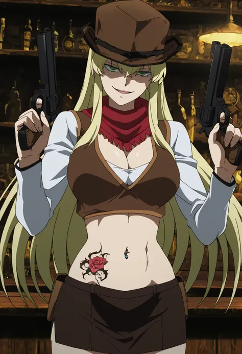 masterpiece, best quality, newest, absurdres, very aesthetic, Doya, 1girl, solo, , blonde hair, long hair, bangs between eyes, green eyes, brown hat, brown vest, white undershirt, red scarf, long-sleeves, smirk, , holding weapon, firearm, gun, looking at ...