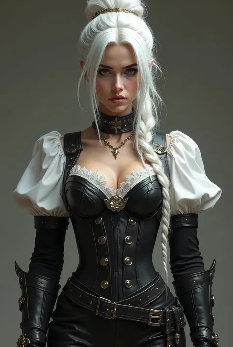 It rises with imposity, a presence of undeniable, dressed for combat so much as to impress. Your hair, of an almost ethereal platinum white, are attached to an elaborate bun, with some loose locks that frame her face with fine lines and serious expression....