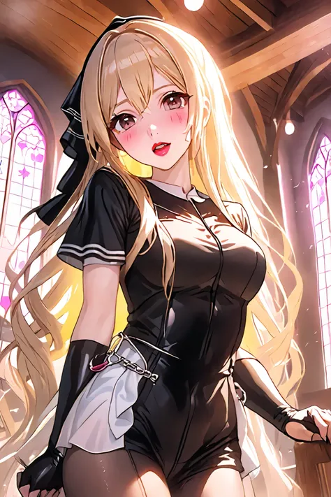 rubber puff sleeve sister　 Gold Rosary　Church interior background　stained glass　sunset　Vinyl Sister Black Veil　nun　 shiny black sister costume 　long blonde hair　Super long black rubber gloves 　cute　Pathetic　 clear 　dull eyes　I&#39;m worried　open your mouth...