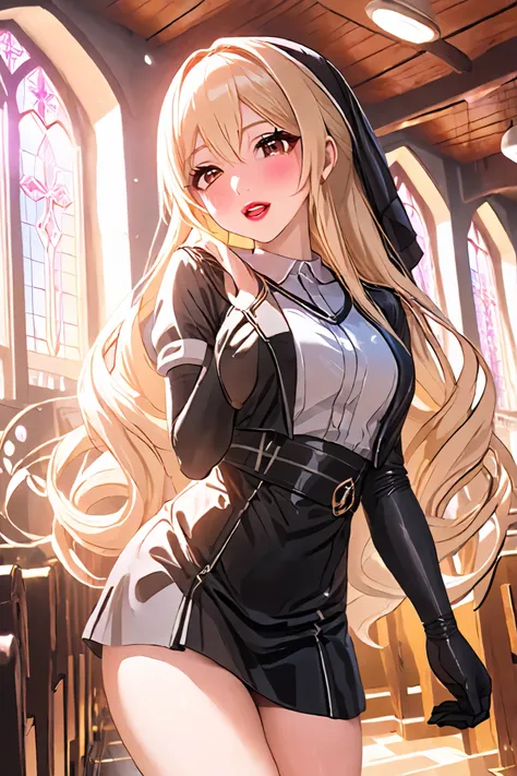 rubber puff sleeve sister　 Gold Rosary　Church interior background　stained glass　sunset　Vinyl Sister Black Veil　nun　 shiny black sister costume 　long blonde hair　Super long black rubber gloves 　cute　Pathetic　 clear 　dull eyes　I&#39;m worried　open your mouth...