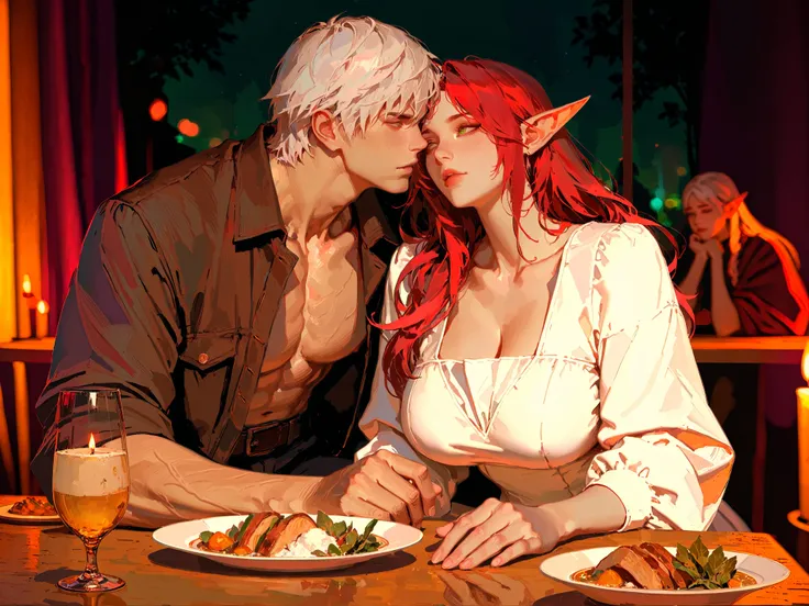 couple, score_9, score_8_up, score_7_up, source_anime, TakashiroHiroko ,(!!sharp long elfs ears!!, !! red hair!!, !!long hair!!, separete bang), long elf ears,  Extremely detailed, ambient soft lighting, 4k, perfect green eyes, a perfect face, perfect ligh...