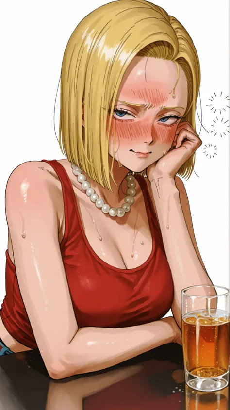 32k、ARTSTYLE_OnePiece_MangaColored _ownwaifu、HeadscissorsSDXL、pastel color、usnr、alone、super detailed、white background、android 18、embarrassed expression、sweat、red tank top、Pearl Necklace、drunk、 at the bar counter、drunk、drinking alcohol