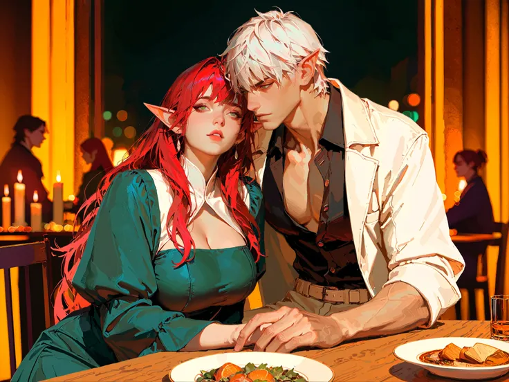couple, score_9, score_8_up, score_7_up, source_anime, TakashiroHiroko ,(!!sharp long elfs ears!!, !! red hair!!, !!long hair!!, separete bang), long elf ears,  Extremely detailed, ambient soft lighting, 4k, perfect green eyes, a perfect face, perfect ligh...