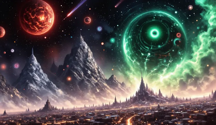 (( Landscape of a Great Warlike Planet above the Cosmos and Two Large Planets one red and the other green comet stars , Just below a large city cinematic quality, 32K HD Mountains 180º viewing angle body ratio 45% ))