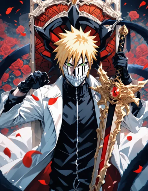 absurdres, highres, ultra detailed, HDR, masterpiece, extremely detailed face and eyes, perfect face, Hollowfication Of Uzumaki_Naruto's, Long Blonde hair, hair between the eyes, expressive green eyes, pale skin, Bleach, solo, sexy man, handsome, white Hoo...