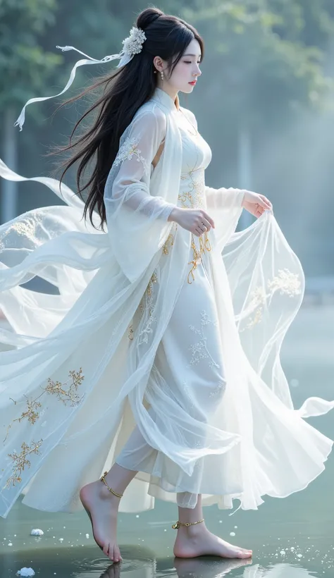 8K,top quality,A beautiful ancient Chinese woman,that flutters with the wind, looks more flowing and dusty。skirt is wider,giving a delicate texture,with a small bell or gemstone on the anklet,The tulle is also embellished with some delicate golden silk or ...