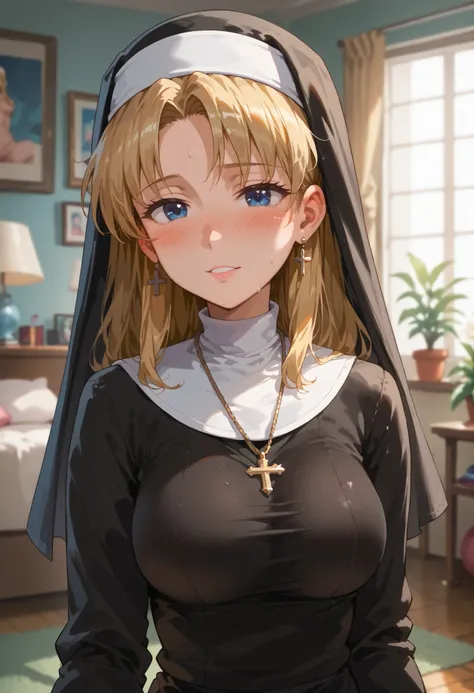 misato katsuragi, livingroom, blonde hair, blue eyes, blush, in heat, large breasts, nun, 