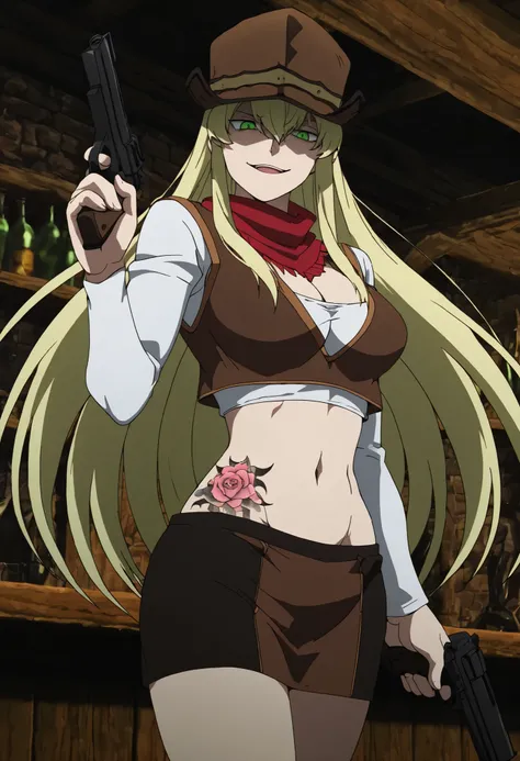 masterpiece, best quality, newest, absurdres, very aesthetic, Doya, 1girl, solo, , blonde hair, long hair, bangs between eyes, green eyes,  brown hat, brown vest, white undershirt, red scarf, long-sleeves, smirk, , holding weapon, firearm, gun, looking at ...