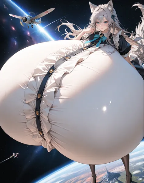 1 girl, long hair, slim Waist,Maid Costume,(((hyper gigantic breasts:1.75))), breasts larger than body,tall,mini giantess:2,long legs,Beautiful Faces of Japan,grey hair、Wolf ears、 wolf tail、(hyper mini giantess),fly,space,