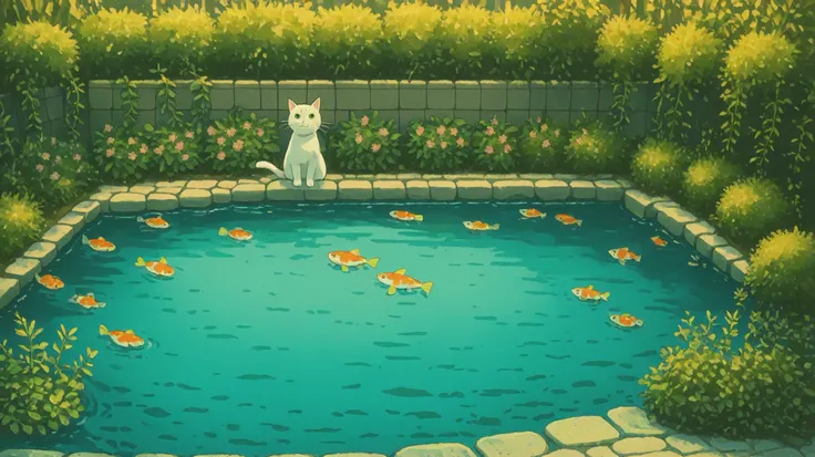 Image is a digital illustration with a serene and whimsical style, depicting a tranquil garden scene. The layout features a small pond surrounded by lush greenery and stone walls. In the center of the pond, a white cat with a calm expression is partially s...