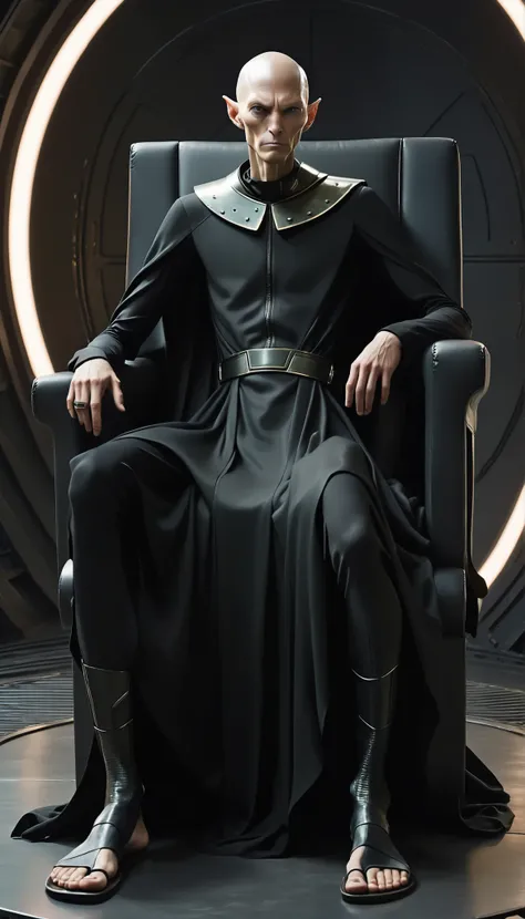 A skinny stoic half-human half-alien man wearing only a black gown, a large metal collar, and barefoot. He's sitting on a space-like chair, an angry plain look, and a bald head. Show his full body and super hyper-detailed.