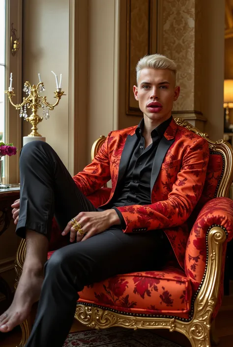 flxBimboLips963
elegant style, full body view handsome, haute-couture precious textures with floral motives & preciously elegantly & fashion brightly-colored clothes. seated on armchair in the boudoir of a very chic old Parisian apartment, sophisticated fa...