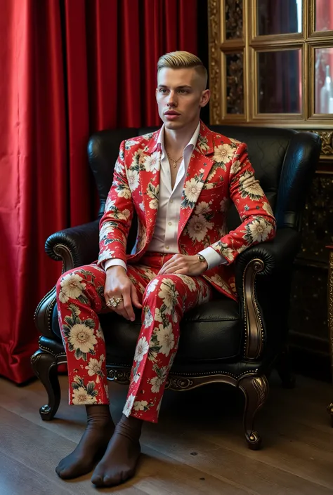 flxBimboLips963
elegant style, full body view handsome, haute-couture precious textures with floral motives & preciously elegantly & fashion brightly-colored clothes. seated on armchair in the boudoir of a very chic old Parisian apartment, sophisticated fa...
