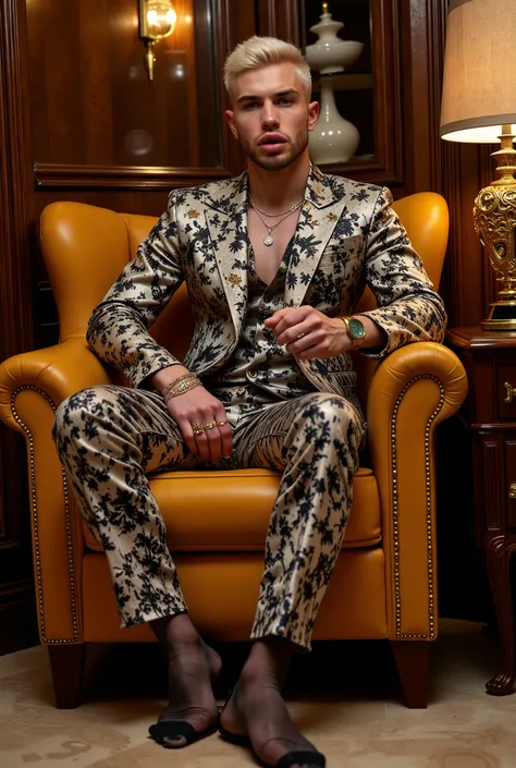 flxBimboLips963
elegant style, full body view handsome, haute-couture precious textures with floral motives & preciously elegantly & fashion brightly-colored clothes. seated on armchair in the boudoir of a very chic old Parisian apartment, sophisticated fa...