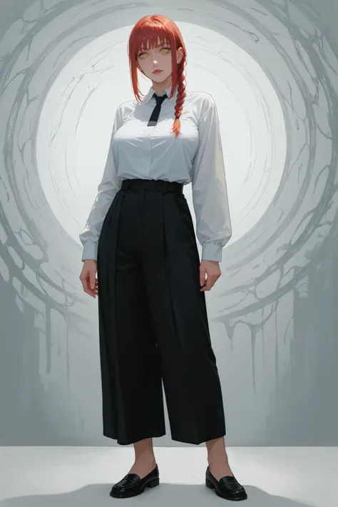 score_9 , score_8_up , score_7_up , score_6_up , 1girl . greyscale , adult woman , large breast , thicc thighs , long legs , Makima , chainsaw man , red hair with single braid , yellow eyess , manga style , anime aesthetic , expressive faces , bold outline...