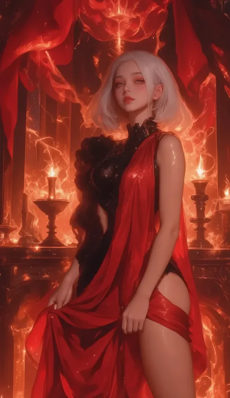 A flame goddess:Hestia, (epic composition, A woman wearing a flowing crimson clothing which is like a Hestia’s one In ancient Greek religion,Sacred place, very beautiful fire:flowing), (perfect anatomy), (Excited expression, Open your mouth, sexy, enjoy), ...