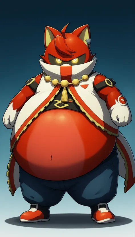 score_9, score_8, High Quality, masterpiece, Kengo Benimaru , Zipper Coat, No mouth, red body, yellow eyes, serious eyes,  amazing，Swelling of the body，Expanded Body，hyperinflation，パンパンにbulging round stomach，Morbid Obesity，Being overweight，bulging round st...