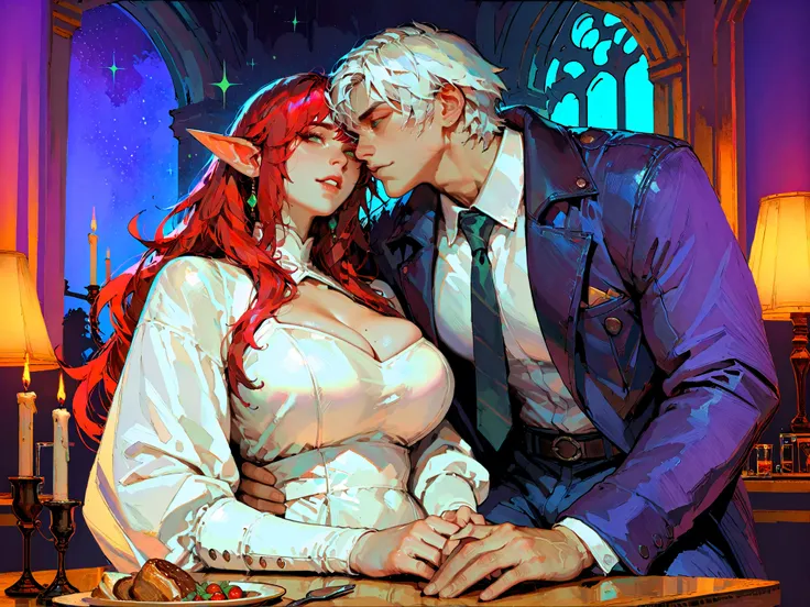 couple, score_9, score_8_up, score_7_up, source_anime, TakashiroHiroko ,(!!sharp long elfs ears!!, !! red hair!!, !!long hair!!, separete bang), long elf ears,  Extremely detailed, ambient soft lighting, 4k, perfect green eyes, a perfect face, perfect ligh...