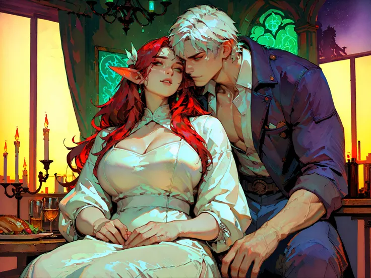 couple, score_9, score_8_up, score_7_up, source_anime, TakashiroHiroko ,(!!sharp long elfs ears!!, !! red hair!!, !!long hair!!, separete bang), long elf ears,  Extremely detailed, ambient soft lighting, 4k, perfect green eyes, a perfect face, perfect ligh...