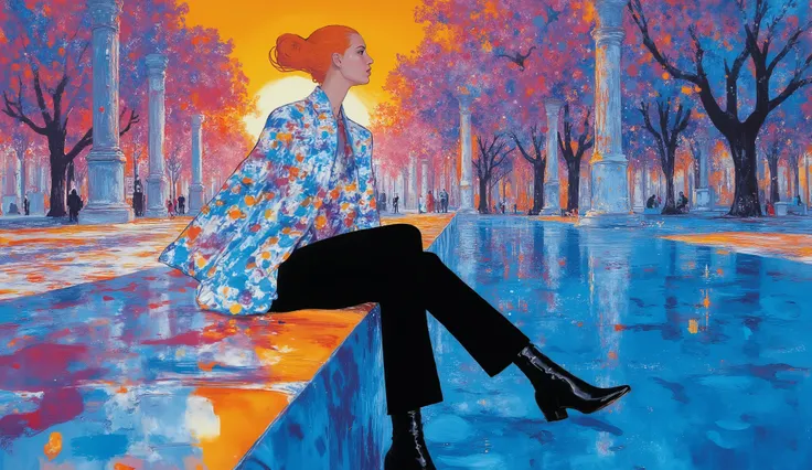 fashion illustration, illustration, surreal fantasy, Linda garota com cabelo ponny tail, casual cloths, sentada em um banco em uma praça em Roma , palette of color Amaranth Purple, Cadet Blue (Crayola), Azureish White, Teal Blue, Morning Blue, sunset, v...