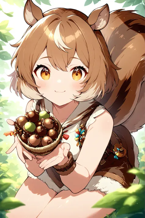 (masterpiece:1.2),Tengu_girlm、 squirrel girl、Squirrel Ears、Squirrel Tail、I'm holding a lot of acorns、cute