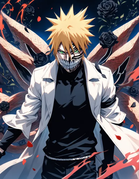 absurdres, highres, ultra detailed, HDR, masterpiece, extremely detailed face and eyes, perfect face, Hollowfication Of Uzumaki_Naruto's, Spiky Hair, Short Hair, Blonde hair, hair between the eyes, expressive green eyes, pale skin, Bleach, solo, sexy man, ...