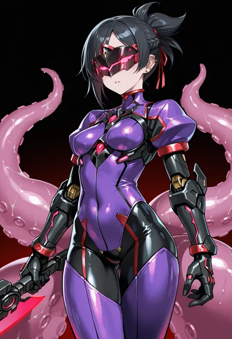 Cyborg girl. Black hair. Short hair. Tied hair. Red glowing cyber visor. Armored bodysuit. Purple costume. Mecha tentacles. Mechanical. Hands fused with weapons. Piercing weapon.