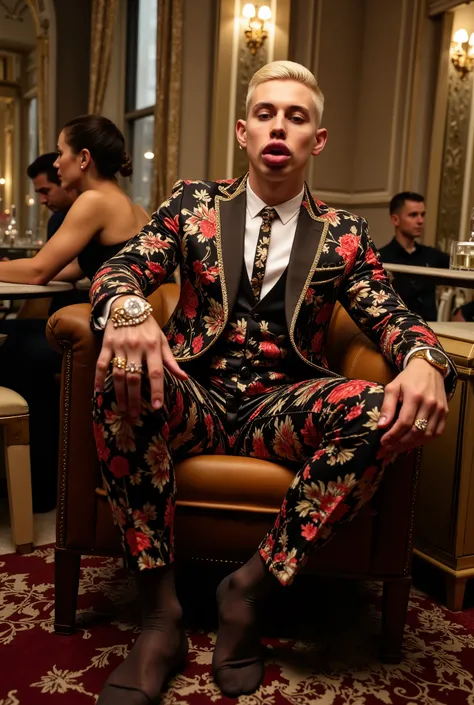 flxBimboLips963
elegant style, full body view handsome, haute-couture precious textures with floral motives & preciously elegantly & fashion brightly-colored clothes. seated on armchair in the boudoir of a very chic old Parisian apartment, sophisticated fa...