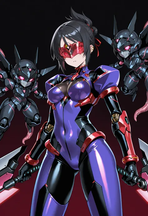 Cyborg girl. Black hair. Short hair. Tied hair. Red glowing cyber visor. Armored bodysuit. Purple costume. Mecha tentacles. Mechanical. Hands fused with weapons. Piercing weapon.