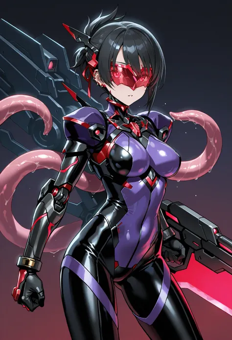 Cyborg girl. Black hair. Short hair. Tied hair. Red glowing cyber visor. Armored bodysuit. Purple costume. Mecha tentacles. Mechanical. Hands fused with weapons. Piercing weapon.
