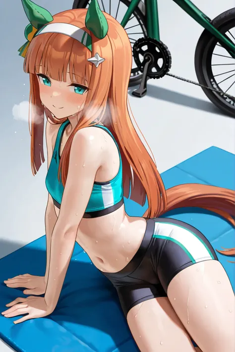 NSFW,masterpiece,best quality,high resolution,very detailed,silence suzuka\(umamusume\),sports bra,cycle shorts,blush,rough breath,sweat,training, mat,is sitting, Smile